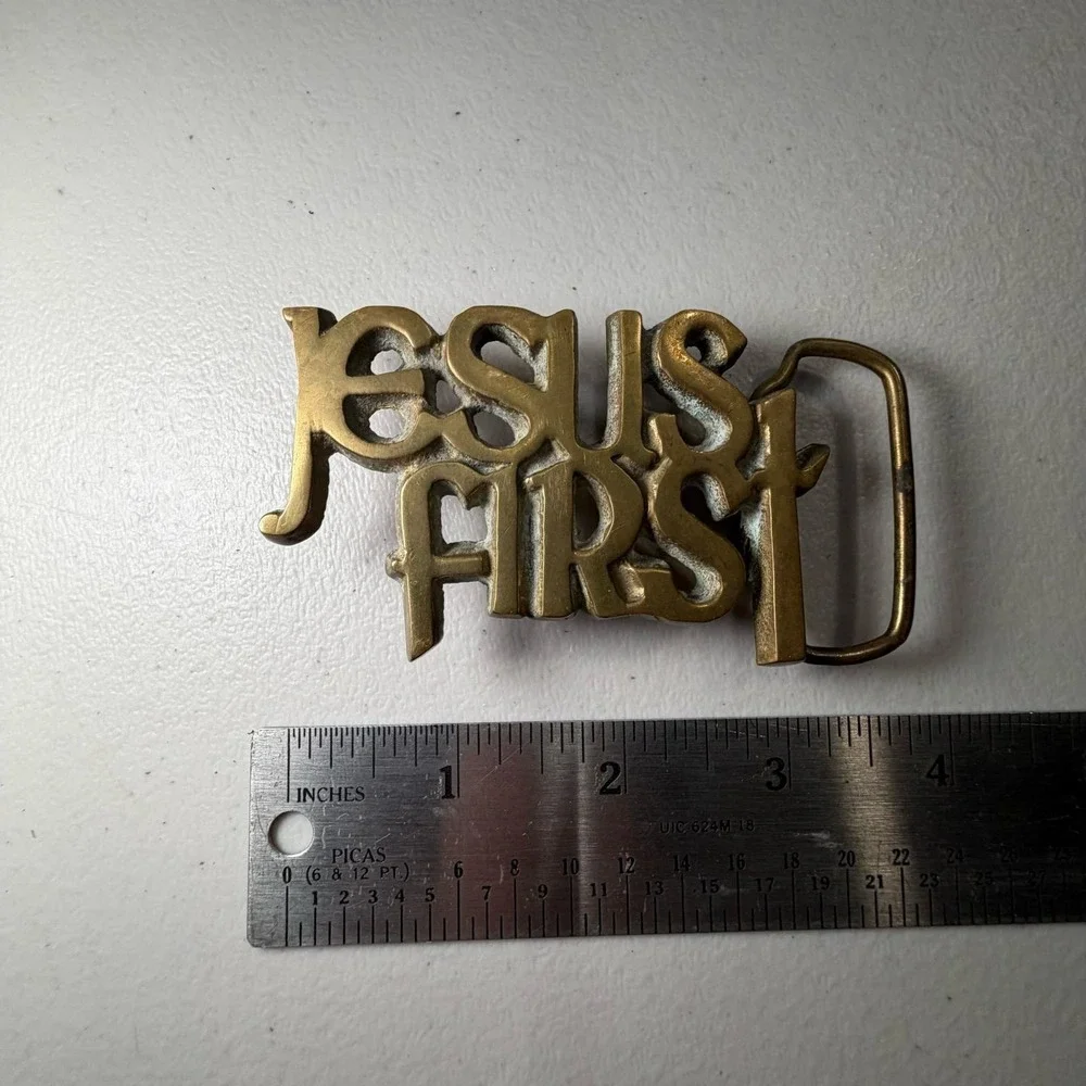 Vintage Jesus First Solid Brass Belt Buckle Christian Religious Taiwan Gold Tone